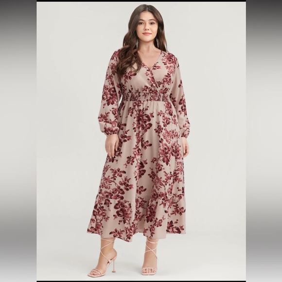 Floral Wrap Lantern Sleeve Pocket Shirred Ruffle Hem Dress - Picture 4 of 4